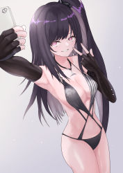 Rule 34 | 1girl, absurdres, architect (girls&#039; frontline), architect (nvw model) (girls&#039; frontline), arm up, black gloves, black one-piece swimsuit, blush, breasts, cleavage, collarbone, elbow gloves, feet out of frame, fingerless gloves, girls&#039; frontline, gloves, highres, holding, holding phone, long hair, looking at viewer, medium breasts, navel, official alternate costume, one-piece swimsuit, open mouth, phone, pink eyes, purple hair, sangvis ferri, selfie, side ponytail, simple background, smile, solo, standing, swimsuit, teeth, v, yoshi-j