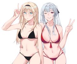 Rule 34 | 2girls, absurdres, ak-12 (girls&#039; frontline), an-94 (girls&#039; frontline), arm around waist, arm up, bikini, black bikini, black hairband, blonde hair, blue eyes, blush, breasts, cleavage, closed mouth, collarbone, cowboy shot, front-tie bikini top, front-tie top, girls&#039; frontline, grey hair, hair between eyes, hairband, hand on another&#039;s waist, highres, kavni, large breasts, long hair, looking at viewer, medium breasts, multi-strapped bikini bottom, multiple girls, navel, one eye closed, purple eyes, red bikini, side-by-side, simple background, smile, string bikini, swimsuit, v, white background