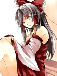 Rule 34 | 1girl, atoshi, bad id, bad pixiv id, bare shoulders, black hair, bow, detached sleeves, dress, empty eyes, female focus, frown, grey eyes, hair bow, hair tubes, hakurei reimu, hand on own knee, japanese clothes, miko, red dress, sitting, sketch, solo, touhou