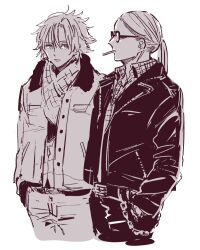 Rule 34 | 2boys, black coat, black pants, chain, cigarette, coat, daybit sem void, fate/grand order, fate (series), hands in pockets, long hair, looking at viewer, looking to the side, male focus, monochrome, multiple boys, nobicco, pants, ponytail, profile, scarf, simple background, sunglasses, tezcatlipoca (fate), white background, white coat, white pants