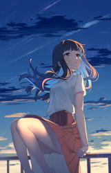 Rule 34 | 1girl, 779420, absurdres, black hair, blue eyes, blunt bangs, closed mouth, cloud, collared shirt, contrail, hair blowing, highres, hime cut, knees together feet apart, knees up, legs, on railing, original, outdoors, pleated skirt, railing, red skirt, school uniform, shirt, shirt tucked in, short sleeves, signature, sitting, skirt, sky, solo, thighs, twilight, uniform, white shirt