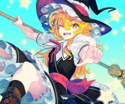 Rule 34 | 1girl, apron, blonde hair, boots, braid, broom, collared shirt, frills, hat, kirisame marisa, long hair, maid apron, messy hair, one eye closed, open mouth, pointing, puffy short sleeves, puffy sleeves, shirt, short sleeves, skirt, star (symbol), touhou, witch hat, yellow eyes, zounose