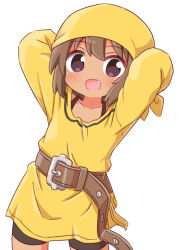 Rule 34 | 1girl, :d, arms behind head, arms up, belt, belt buckle, bike shorts, black shorts, blush, brown belt, brown eyes, brown hair, buckle, collarbone, dress, fang, head scarf, highres, long sleeves, looking at viewer, naga u, open mouth, razzy, short shorts, shorts, simple background, smile, solo, summon night, summon night: swordcraft story, tan, white background, yellow dress