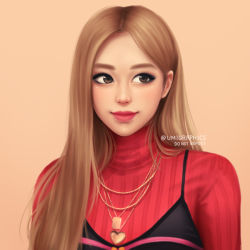 Rule 34 | 1girl, artist name, blackpink, brown eyes, brown hair, hair behind ear, jewelry, k-pop, long hair, looking to the side, multiple necklaces, necklace, orange background, pendant, real life, red sweater, rose (blackpink), simple background, solo, sweater, turtleneck, turtleneck sweater, umigraphics, upper body