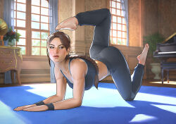 1girl alternate_costume barefoot braid braided_ponytail brown_eyes brown_hair dalejomej grey_pants grey_sports_bra highres indoors lara_croft long_hair pants solo sports_bra stretching tomb_raider yoga