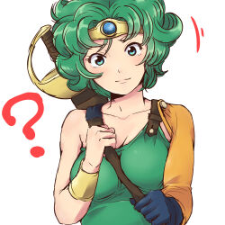 Rule 34 | 1girl, ?, between breasts, blue eyes, blue gemstone, blue gloves, breasts, circlet, cleavage, closed mouth, collarbone, curly hair, dragon quest, dragon quest iv, gem, gloves, green hair, green shirt, head tilt, heroine (dq4), looking at viewer, lowres, medium breasts, motion lines, orange sleeves, powerhamuhamu, shirt, short hair, simple background, single bare shoulder, single glove, single sleeve, single strap, smile, solo, split mouth, strap, strap between breasts, sword, upper body, weapon, white background, wristlet