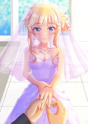 Rule 34 | 1boy, 1girl, absurdres, alternate costume, alternate hairstyle, blonde hair, blue eyes, blush, breasts, bridal veil, cleavage, collarbone, commentary request, dress, hair bobbles, hair ornament, hair up, highres, holding own wrist, idolmaster, idolmaster cinderella girls, jewelry, large breasts, long dress, necklace, ocean, ohtsuki yui, outstretched hand, pov, pov hands, ring, sidelocks, sleeveless, sleeveless dress, smile, solo focus, strapless, strapless dress, tile floor, tiles, veil, wedding, wedding band, wedding dress, white dress, yorumiru