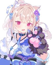Rule 34 | 1girl, animal ear fluff, animal ears, animal hands, black collar, blonde hair, blue hair, blue kimono, collar, dog ears, dog girl, dog paws, fang, floral print kimono, flower, fuwawa abyssgard, fuwawa abyssgard (new year), hair flower, hair ornament, highres, hololive, hololive english, japanese clothes, kimono, long hair, looking at viewer, moehime, official alternate costume, open mouth, pink eyes, ponytail, skin fang, solo, spiked collar, spikes, virtual youtuber, white background