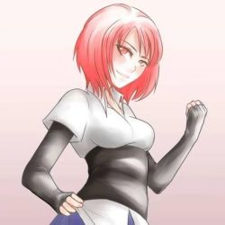 Rule 34 | 1girl, axiel hildagarde, blush, breasts, clenched hand, collared shirt, corset, fingerless gloves, from side, gloves, gradient background, hand on own hip, light smile, looking at viewer, original, parted bangs, pink hair, pleated skirt, red eyes, red hair, shirt, short hair, short sleeves, skirt, smile, solo, upper body, zochigo