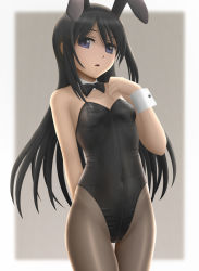 Rule 34 | 10s, 1girl, akemi homura, animal ears, bare shoulders, black hair, black pantyhose, blush, bow, bowtie, breasts, covered navel, detached collar, fake animal ears, female focus, hairband, highres, leotard, long hair, looking at viewer, mahou shoujo madoka magica, mahou shoujo madoka magica (anime), pantyhose, playboy bunny, purple eyes, rabbit ears, rabbit tail, siraha, small breasts, solo, strapless, strapless leotard, tail, wrist cuffs