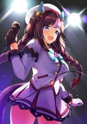Rule 34 | absurdres, beret, black hair, breasts, commentary, gloves, hat, highres, hokko tarumae (umamusume), large breasts, light, long braid, long hair, looking at viewer, microphone, open mouth, purple eyes, ribbon, stage lights, sunny (20597521), sweat, umamusume, wire