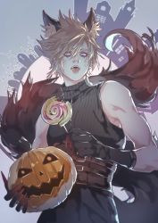 Rule 34 | 1boy, animal ears, belt, blonde hair, blue eyes, candy, claws, cloud strife, facial mark, fangs, final fantasy, final fantasy vii, final fantasy vii remake, food, gloves, graveyard, hair between eyes, halloween, highres, holding, holding candy, holding food, holding lollipop, jack-o&#039;-lantern, katagawa mika, lollipop, looking at viewer, muscular, muscular male, open mouth, pants, short hair, sleeveless, sleeveless turtleneck, solo, spiked hair, tail, tongue, tongue out, turtleneck, whisker markings, wolf ears, wolf tail