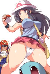 Rule 34 | 1boy, 1girl, bag, bare legs, black eyes, black hair, blue bodysuit, bodysuit, bouncing breasts, breasts, cameltoe, captain falcon, cleft of venus, covered erect nipples, creatures (company), curvy, eating, f-zero, game freak, gen 1 pokemon, gloves, hat, highres, konno tohiro, large breasts, leaf (pokemon), legs, long hair, miniskirt, nintendo, panties, partially visible vulva, poke ball, poke ball (basic), pokemon, pokemon (creature), pokemon frlg, race car driver, red skirt, shiny skin, skirt, smile, squirtle, super smash bros., thighs, thong, underwear, upskirt, view between legs, white hat, white panties
