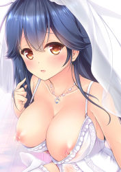 Rule 34 | 10s, 1girl, black hair, blush, breasts, bridal veil, brown eyes, chiyami, dress, hair between eyes, heart, heart-shaped pupils, jewelry, kantai collection, large breasts, long hair, necklace, nipples, open mouth, solo, symbol-shaped pupils, thighhighs, ushio (kancolle), veil, wedding dress, white dress, white thighhighs