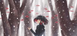 Rule 34 | 1girl, animal, bare tree, black hair, black sweater, bob cut, breasts, brown eyes, colored inner hair, commentary, earrings, fish, flying fish, from behind, goldfish, highres, jewelry, long sleeves, looking at viewer, looking back, minami (minami373916), multicolored hair, nail polish, original, outstretched hand, parted lips, red hair, red nails, ribbed sweater, scales, school of fish, short hair, sleeves past wrists, snowing, solo, surreal, sweater, tree, turtleneck, turtleneck sweater, two-tone hair, upper body, winter