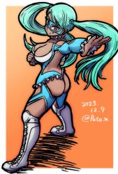 Rule 34 | 1girl, 2023, ass, ass cutout, backless outfit, blue hair, blue lips, boots, breasts, cerebella (skullgirls), cleavage, cleavage cutout, clothing cutout, cosplay, dark-skinned female, dark skin, full body, green hair, grey eyes, highres, large breasts, lipstick, looking at viewer, looking back, makeup, orange background, outstretched arm, pata n, rainbow mika, rainbow mika (cosplay), revealing clothes, skullgirls, smile, solo, standing, street fighter, twintails