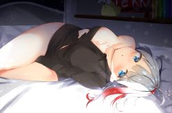 Rule 34 | 1girl, admiral graf spee (azur lane), alternate costume, azur lane, bed sheet, bedroom, between legs, black shirt, blue eyes, blush, breasts, casual, commentary request, cowboy shot, hand between legs, hand on own stomach, highres, hino kagutsuki, indoors, light particles, looking at viewer, lying, medium breasts, multicolored hair, no tail, on back, on bed, open mouth, red hair, shirt, short hair, silver hair, single bare shoulder, solo, streaked hair, thighs