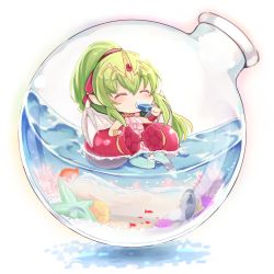 Rule 34 | 1girl, bottle, closed eyes, dragon wings, fire emblem, fire emblem: mystery of the emblem, fire emblem heroes, fish, food, glass bottle, green hair, hair ribbon, highres, holding, in bottle, in container, long hair, nakabayashi zun, nintendo, pink one-piece swimsuit, pointy ears, ponytail, popsicle, red ribbon, ribbon, solo, swimsuit, tiara, tiki (fire emblem), tiki (young) (fire emblem), water, wings