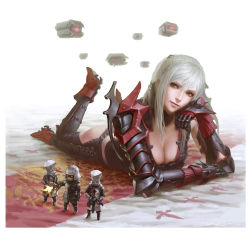 Rule 34 | 10s, 1girl, aranea highwind, armor, breasts, cleavage, cleavage cutout, clothing cutout, final fantasy, final fantasy xv, gauntlets, grey eyes, grey hair, high heels, highres, large breasts, long hair, lying, on stomach, pauldrons, shoulder armor, smile, solo, zhoujialin