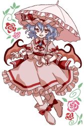 Rule 34 | 1girl, bat wings, blue hair, flower, furiba 794, hat, holding, holding umbrella, jewelry, mob cap, parasol, pink flower, pink rose, red eyes, red flower, red rose, remilia scarlet, rose, solo, touhou, umbrella, white flower, white rose, wings, wrist cuffs