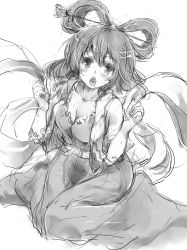 Rule 34 | 1girl, blush, breasts, cleavage, dress, female focus, greyscale, hair ornament, hair rings, hair stick, kaku seiga, monochrome, open mouth, shawl, short hair, sketch, solo, sweat, touhou, ukyo rst, vest