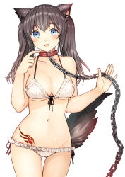 Rule 34 | 1girl, :d, absurdres, animal ears, bare arms, bare shoulders, bikini, black ribbon, blue eyes, blush, breasts, chain, cleavage, collar, collarbone, cowboy shot, frilled bikini, frills, front-tie bikini top, front-tie top, has bad revision, has downscaled revision, highres, holding, kurata rine, long hair, looking at viewer, lowleg, lowleg bikini, md5 mismatch, medium breasts, navel, open mouth, original, pointer, resolution mismatch, ribbon, simple background, smile, solo, source smaller, standing, stomach, swimsuit, tail, tareme, tattoo, thigh gap, twintails, white background, white bikini