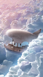 Rule 34 | aircraft, airship, bird, blue sky, cloud, cloudy sky, commentary, dirigible, fantasy, flock, gradient sky, highres, mast, no humans, original, pink sky, rigging, scenery, ship, sky, smile (qd4nsvik), vehicle focus, watercraft