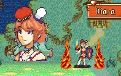 Rule 34 | 1girl, bad id, bad twitter id, character name, chef hat, commentary, english commentary, fire, fire emblem, hat, holding, holding shield, holding sword, holding weapon, hololive, hololive english, hungry rabbit, mini hat, multiple views, nintendo, orange hair, parody, pixel art, purple eyes, shield, style parody, sword, takanashi kiara, takanashi kiara (1st costume), virtual youtuber, weapon