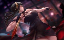 Rule 34 | 1girl, bare shoulders, black dress, black gloves, blood, bloody weapon, blurry, blurry background, breasts, chien zero, dagger, dress, dual wielding, earrings, falling petals, fighting stance, fingerless gloves, floating hair, from side, glint, gloves, gold earrings, gold hairband, hairband, highres, holding, holding dagger, holding knife, holding weapon, jewelry, knife, lips, looking ahead, medium breasts, nail polish, off-shoulder dress, off shoulder, parted lips, petals, pink nails, profile, rose petals, short hair with long locks, sidelocks, silhouette, solo, spikes, spy x family, thighs, two-sided dress, two-sided fabric, v-shaped eyebrows, weapon, yor briar