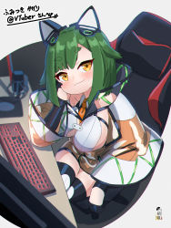 Rule 34 | 1girl, black gloves, black shirt, black thighhighs, breasts, brown eyes, brown shorts, chair, closed mouth, collared shirt, commentary, commission, copyright request, gloves, green hair, grey background, headgear, highres, keyboard (computer), kuro kosyou, large breasts, looking at viewer, microphone, monitor, office chair, on chair, orange neckwear, see-through, shirt, short eyebrows, shorts, skeb commission, smile, solo, swivel chair, thick eyebrows, thighhighs, virtual youtuber, wide sleeves