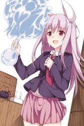 Rule 34 | 1girl, animal ears, blazer, cover, cowboy shot, flask, hiroyama y, indoors, jacket, long hair, miniskirt, necktie, open mouth, purple hair, rabbit ears, red eyes, red necktie, reisen udongein inaba, round-bottom flask, simple background, skirt, smile, smoke, solo, touhou