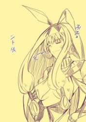 Rule 34 | 1girl, animal ears, breasts, cleavage, closed eyes, earrings, eyebrows hidden by hair, fate/grand order, fate (series), hairband, highres, jewelry, long hair, mutsuki (mutumutu), nitocris (fate), pointy ears, simple background, smile, solo, twintails, yellow background