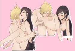 Rule 34 | 1boy, 1girl, barefoot, black hair, black skirt, blonde hair, breasts, brown hair, clothed female nude male, cloud strife, couple, earrings, final fantasy, final fantasy vii, final fantasy vii remake, hetero, jewelry, large breasts, long hair, low-tied long hair, nude, open mouth, pink background, pudelmudel, simple background, skirt, spiked hair, square enix, tifa lockhart, topless