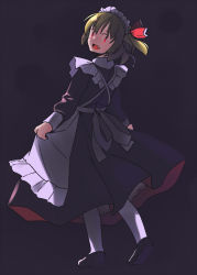 Rule 34 | 1girl, :d, alternate costume, apron, arms at sides, backlighting, black background, black dress, black footwear, blonde hair, blush, bow, commentary, dark, dark background, dress, enmaided, eyes visible through hair, fang, floating hair, frilled apron, frilled hairband, frills, from behind, full body, glowing, glowing eyes, hair bow, hairband, heel up, lace trim, long dress, long sleeves, looking at viewer, looking back, maid, maid apron, maid headdress, one side up, open mouth, pantyhose, petticoat, pleated dress, rangycrow, red bow, red eyes, ribbon, rumia, shoe soles, shoes, short hair, skirt hold, sleeve cuffs, smile, solo, standing, touhou, white apron, white hairband, white pantyhose, white ribbon, | |