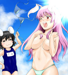 Rule 34 | 2girls, :3, = =, =w=, animal ears, assisted exposure, bikini, unworn bikini top, black hair, blush stickers, breasts, rabbit ears, clothes theft, cloud, covering privates, covering breasts, day, female focus, hotpants (i&#039;m hot yet!), inaba tewi, large breasts, multiple girls, name tag, one-piece swimsuit, one eye closed, pink hair, purple hair, red eyes, reisen udongein inaba, school swimsuit, sky, sun, swimsuit, swimsuit theft, theft, topless, touhou, wink
