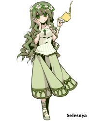 Rule 34 | 1girl, camisole, character name, cross-laced footwear, flower, green hair, hair flower, hair ornament, hand on own face, head wreath, image sample, long hair, long skirt, magic: the gathering, md5 mismatch, multicolored eyes, oshiruko (tsume), personification, pixiv sample, skirt, solo, watering can, wristband