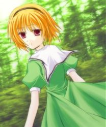Rule 34 | 00s, 1girl, blonde hair, day, dutch angle, forest, hairband, higurashi no naku koro ni, houjou satoko, looking at viewer, lowres, nature, outdoors, photo background, plant, puffy short sleeves, puffy sleeves, red eyes, sailor collar, short sleeves, solo, tree