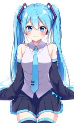Rule 34 | 1girl, absurdres, bare shoulders, black thighhighs, blue eyes, blue hair, blue necktie, blush, breasts, buttons, closed mouth, collared shirt, commentary request, detached sleeves, grey shirt, hair between eyes, hair ornament, hatsune miku, highres, long hair, long sleeves, looking at viewer, medium breasts, necktie, shinonome asu, shirt, simple background, smile, solo, thighhighs, twintails, twitter username, vocaloid, white background, wide sleeves