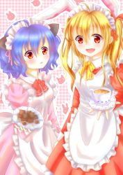 Rule 34 | 2girls, absurdres, ahoge, alternate costume, animal ears, apron, blonde hair, blue hair, blush, cat, cat ears, checkered background, cookie, cup, dress, enmaided, fake animal ears, fang, flandre scarlet, food, hair ribbon, highres, looking at viewer, maid, maid apron, maid headdress, multiple girls, no wings, open mouth, parted lips, plate, rabbit ears, red eyes, remilia scarlet, ribbon, saucer, short hair, siblings, side ponytail, sisters, teacup, tengxiang lingnai, touhou