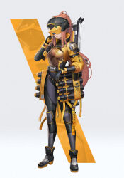 Rule 34 | 1girl, ammunition, ankle boots, belt, black belt, black bodysuit, black footwear, bodysuit, boots, breasts, buckle, commentary, covered eyes, dramz, english commentary, full body, goddess of victory: nikke, hand up, head-mounted display, highres, idoll flower (nikke), jacket, long hair, medium breasts, official art, open mouth, orange hair, ponytail, promotional art, rocket launcher, see-through, sidelocks, snap-fit buckle, solo, standing, tachi-e, weapon, weapon on back, yellow jacket, zoom layer