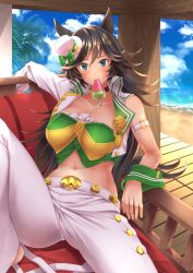 Rule 34 | 1girl, absurdres, aqua eyes, black hair, blue sky, blush, bow, breasts, cloud, commentary request, crop top, day, food, green bow, green shirt, hair ornament, hairclip, hat, hat bow, highres, knee up, large breasts, long hair, long sleeves, looking at viewer, midriff, mini hat, mini top hat, mouth hold, mr. c.b. (umamusume), navel, ocean, outdoors, pants, pesamaru, popsicle, shirt, single bare shoulder, single sleeve, sitting, sky, smile, solo, stomach, strapless, strapless shirt, top hat, umamusume, very long hair, water, watermelon bar, white hat, white pants, wrist cuffs