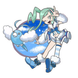 Rule 34 | 1girl, bad id, bad pixiv id, black eyes, blue footwear, blue shirt, blue shorts, blue sky, blue thighhighs, boots, closed mouth, cloud, creatures (company), earrings, female focus, full body, fur-trimmed footwear, fur trim, game freak, gen 3 pokemon, green eyes, green hair, hair ornament, hairclip, hand up, happy, high ponytail, highres, jewelry, lisia (pokemon), long hair, looking to the side, matching hair/eyes, navel, nintendo, one eye closed, open mouth, pokemon, pokemon (creature), pokemon oras, rorosuke, shirt, short shorts, shorts, showgirl skirt, sidelocks, simple background, single thighhigh, sky, sleeveless, sleeveless shirt, smile, sparkle, standing, star (sky), stomach, striped clothes, striped thighhighs, swablu, thighhighs, w, white background, wink