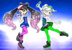 Rule 34 | 2girls, ;), ankle boots, arm up, bare shoulders, black footwear, black hair, black shorts, blue dress, blue jumpsuit, boots, bow-shaped hair, breasts, callie (splatoon), cleavage, cousins, covered navel, detached collar, dress, earrings, food, food on head, gradient hair, green hair, green pantyhose, grey hair, groin, hand up, highres, holding, holding microphone, humanization, jewelry, jumpsuit, koharu2.5, leg up, marie (splatoon), microphone, mole, mole under eye, multicolored hair, multiple girls, nintendo, object on head, one eye closed, outline, pantyhose, pink hair, pink pantyhose, short dress, short eyebrows, short jumpsuit, shorts, shorts under dress, small breasts, smile, splatoon (series), splatoon 1, standing, standing on one leg, strapless, strapless dress, two-tone hair, white outline, yellow eyes