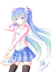 Rule 34 | 1girl, absurdres, aqua hair, black thighhighs, blue eyes, blue skirt, character request, copyright request, hair ornament, tucking hair, hand fan, highres, jacket, lao qi, long hair, looking at viewer, signature, skirt, smile, solo, thighhighs, twintails, very long hair, zettai ryouiki