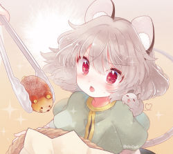 Rule 34 | 1girl, animal, animal ears, animal on shoulder, basket, biyon, capelet, commission, food, gradient background, grey capelet, grey hair, looking at viewer, mouse (animal), mouse ears, mouse girl, mouse tail, nazrin, open mouth, red eyes, short hair, skeb commission, tail, touhou, twitter username, yellow background