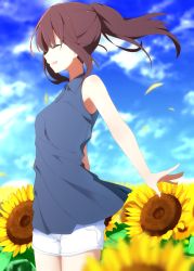 Rule 34 | 1girl, :d, a.a (aa772), bare arms, bare shoulders, blue shirt, blue sky, brown hair, closed eyes, cloud, cloudy sky, commentary request, day, fingernails, flower, hakama-chan (aa), high ponytail, highres, long hair, open mouth, original, outdoors, outstretched arm, ponytail, profile, shirt, short shorts, shorts, sky, sleeveless, sleeveless shirt, smile, solo, sunflower, teeth, upper teeth only, white shorts, yellow flower