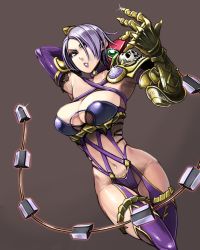 Rule 34 | 1girl, arm behind head, arm up, breasts, choker, cleavage, eyelashes, garter straps, gauntlets, glint, hair over one eye, highres, holding, holding whip, isabella valentine, large breasts, lipstick, makeup, midriff, misonou hirokichi, namco, navel, purple choker, purple eyes, purple hair, purple lips, purple thighhighs, revealing clothes, short hair, skindentation, skull, solo, soul calibur, soulcalibur, soulcalibur vi, thigh gap, thighhighs, whip