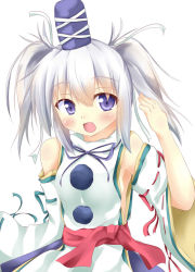 Rule 34 | 1girl, alternate hairstyle, blue eyes, blush, detached sleeves, female focus, hat, hat ribbon, kuzumomo, long sleeves, looking at viewer, mononobe no futo, open mouth, ribbon, sash, shirt, silver hair, skirt, smile, solo, touhou, twintails, wide sleeves