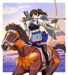 Rule 34 | 10s, 1girl, archery, arrow (projectile), black thighhighs, blush, bow (weapon), bowieknife, breasts, brown eyes, brown hair, cloud, drawing bow, gloves, hakama, hakama short skirt, hakama skirt, holding, holding bow (weapon), holding weapon, horse, horseback riding, japanese clothes, kaga (kancolle), kantai collection, kyuudou, medium breasts, mounted archery, muneate, partially fingerless gloves, partly fingerless gloves, personification, quiver, riding, short hair, side ponytail, single glove, skirt, sky, solo, tasuki, thighhighs, weapon, yugake