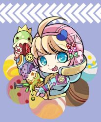 Rule 34 | 1girl, animification, apex legends, blonde hair, blue eyes, blue jacket, bow, character food, classic revenant, cowlick, food, green bow, heart, highres, holding, holding food, holding ice cream, hood, hood down, hood up, ice cream, jacket, kawaii voltage wattson, lich cha, looking at viewer, nessie (respawn), octane (apex legends), official alternate costume, pathfinder (apex legends), pink bow, polka dot, polka dot bow, red bow, revenant (apex legends), smile, solo, star (symbol), syringe, tongue, tongue out, upper body, wattson (apex legends), wraith (apex legends)
